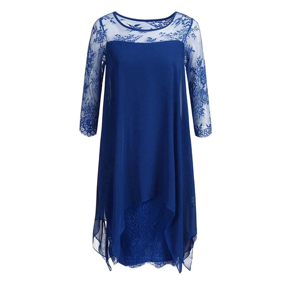 PMVFHDE Plus Size Dresses Chiffon Dress With Lace Detail Three Quarter Sleeve Loose Fit Blue，M
