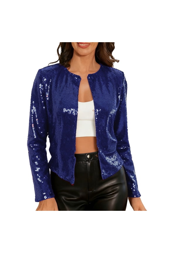 Plus Size Sequin Jacket Short Stand Collar Color Blocking Casual Bling Outerwear Versatile Daily Wear Women Coat Navy,S