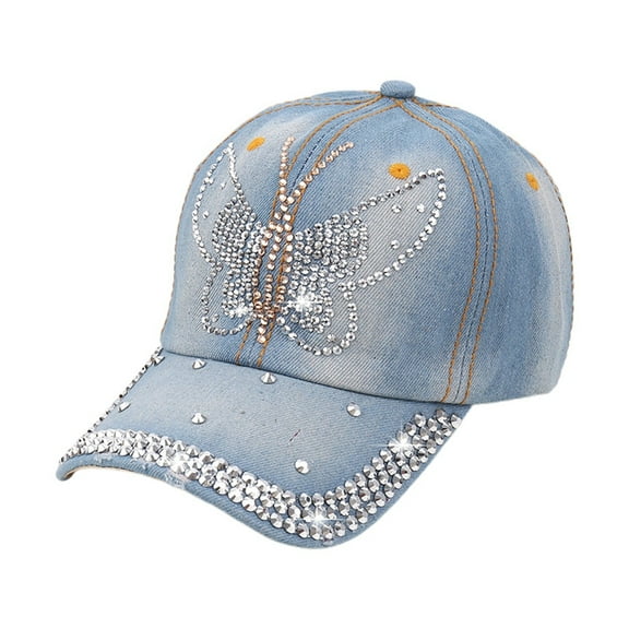 PMVFHDE Rhinestone Washed Denim Baseball Cap Unisex Distressed Sun Hat Adjustable Dad Hat Blue