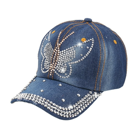 PMVFHDE Rhinestone Washed Denim Baseball Cap Unisex Distressed Sun Hat Adjustable Dad Hat Dark Blue