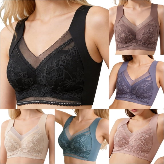 PMVFHDE Seamless Wireless Lace Bra Non Padded Bralette Comfortable Soft Daily Casual Wear Women's Unlined Lightweight Breathable Smooth Stretch Fit Black - 4L