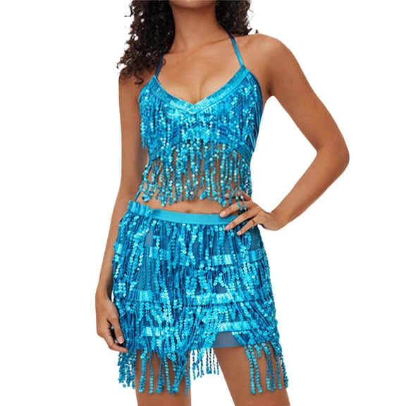 PMVFHDE Sequin Skirt Belly Dance Dress Fashion Solid Color Holiday Performance Sequin Tassel Half Body Four Layer Skirt BU2,A