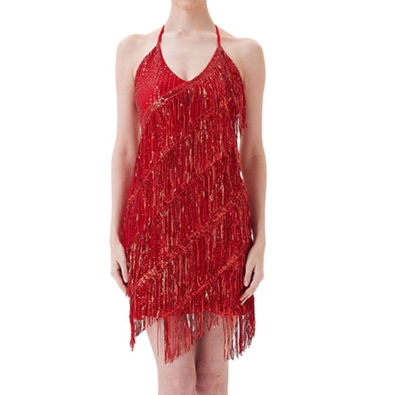 PMVFHDE Sequin Skirt For Women Fringe Dress Latin Dance Party Performance Wear Red，L