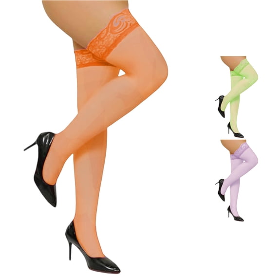 PMVFHDE Sheer Over Knee Socks With Lace Top Thigh Highs Thin Stretchable Comfort Nylon Blend For Casual Daily Wear, Orange, One Size