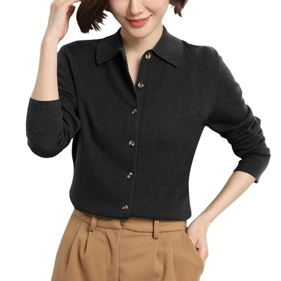 PMVFHDE Shirt Style Top for Women Fashion Loose Long Sleeve Solid Color Button Knit Cardigan with Notched Lapel Black,L