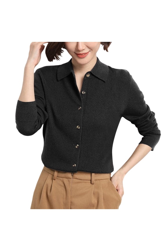Shirt Style Top for Women Fashion Loose Long Sleeve Solid Color Button Knit Cardigan with Notched Lapel Black,S