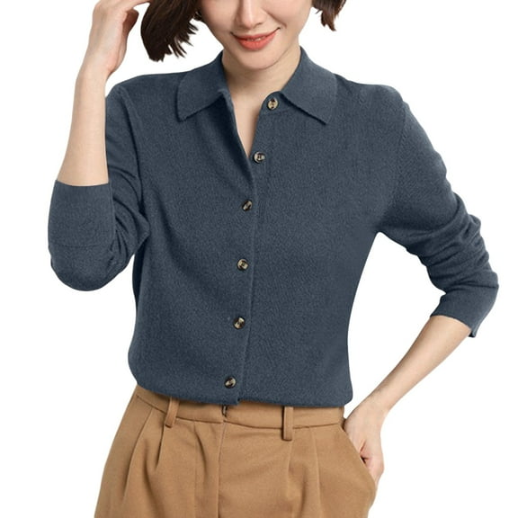 PMVFHDE Shirt Style Top for Women Fashion Loose Long Sleeve Solid Color Button Knit Cardigan with Notched Lapel Navy,L