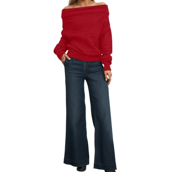 PMVFHDE Off Shoulder Pullover Sweater Asymmetrical Neckline Long Sleeve Knitted Top Loose Womens Tops Batwing Short Crop Fall Fashion Red,XL
