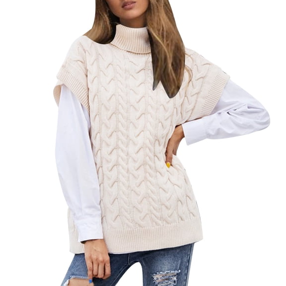 PMVFHDE Sleeveless Knitted Sweater Vest For Women Autumn Winter Half High Neck Pullover Sweaters For Women Solid Color For Layering Beige,S