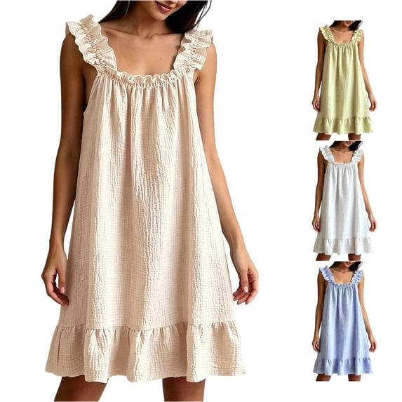 PMVFHDE Soft Lightweight Solid Slub Nightgown Sleeveless Loose Fit Mid Length Casual For Women Spring Summer Beige,M