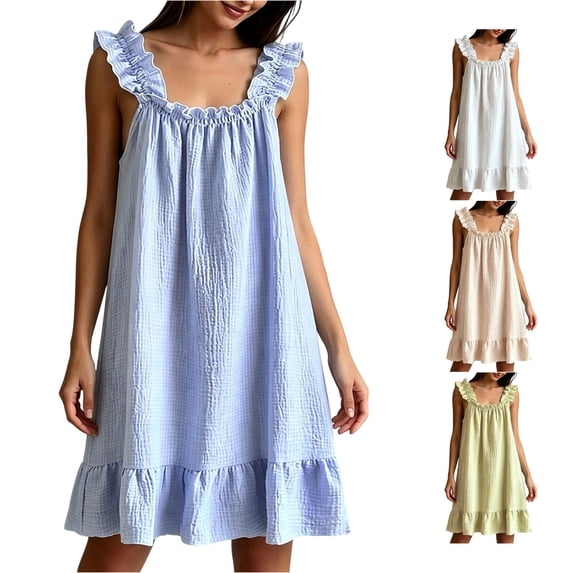 PMVFHDE Soft Lightweight Solid Slub Nightgown Sleeveless Loose Fit Mid Length Casual For Women Spring Summer Light Blue,M