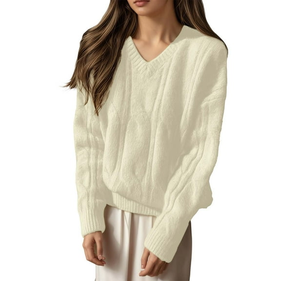 PMVFHDE Soft Thick Knit Sweater Oversized Pullover Cozy Yarn Top Casual Comfortable 2025 Winter Fall Fashion V Neck cozy sweaters for women White，One Size