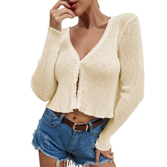 PMVFHDE Solid Color Clean Long Sleeve Short Length Button Cardigan Sweater for Spring Summer Top Beige,M