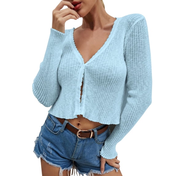 PMVFHDE Solid Color Clean Long Sleeve Short Length Button Cardigan Sweater for Spring Summer Top Blue,S