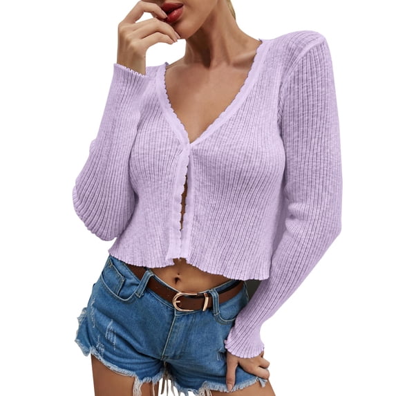 PMVFHDE Solid Color Clean Long Sleeve Short Length Button Cardigan Sweater for Spring Summer Top Purple,M