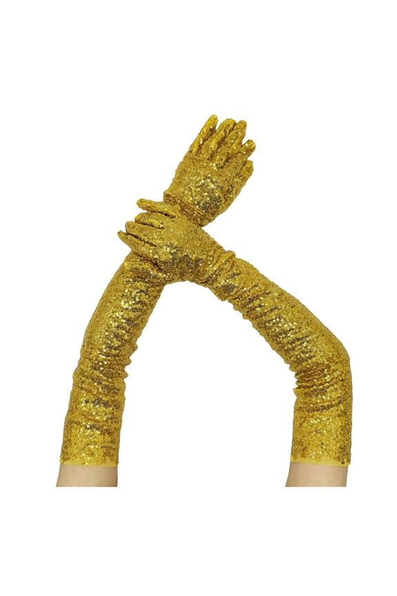 Sparkly Reflective Gloves for Party Club Performance Event, Stretch Festive Dress Gloves Gold,One Size