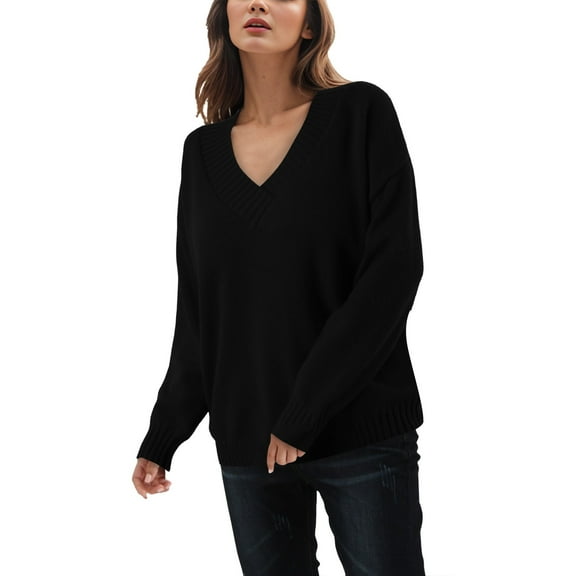 PMVFHDE Style Women Loose V Neck Casual Versatile Knitted Shirt Pullover Sweaters For Women For Fall European And Style Black,XL