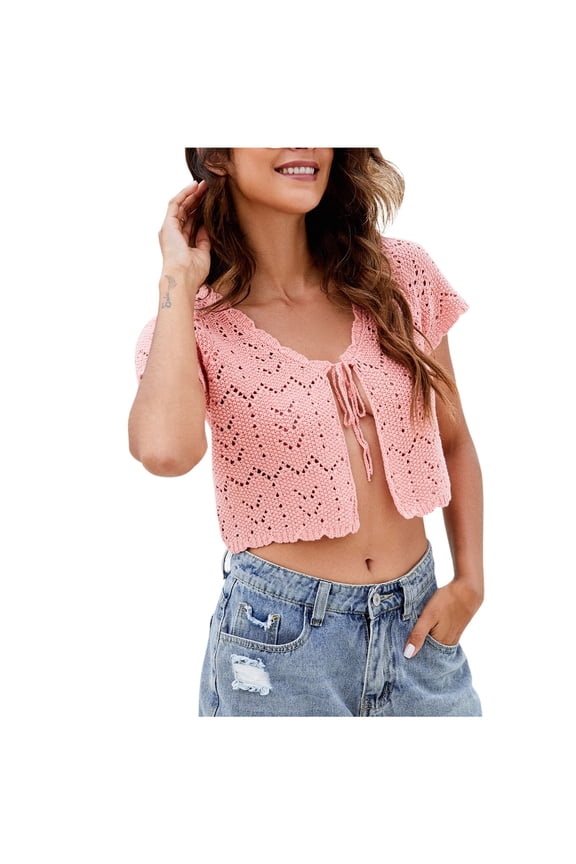 Summer Travel Outdoor Women's Solid Color Hollow Out Short Length Knit Cardigan Short Sleeve Outerwear Top, Lightweight for Beach and Party Pink,S