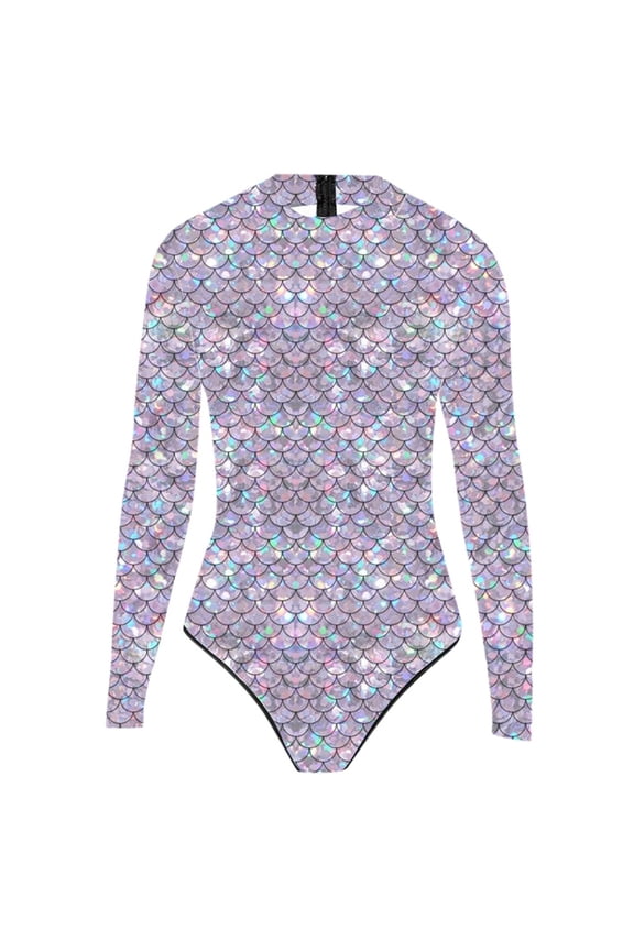 Swimsuits For Women 3D Digital Fish Scale Print Long Sleeve One Piece Swimsuit For Beach Silver,S