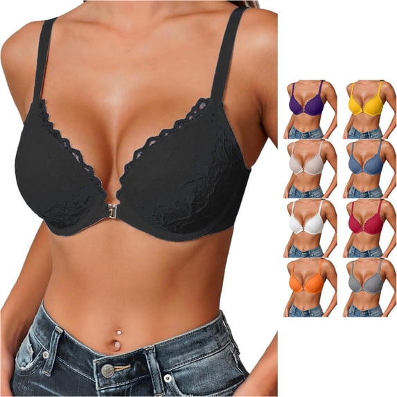 PMVFHDE Thin Cup Gathered Lace Band Steel Ring Front Closure Back Supporting Bra for Daily Leisure Full Coverage Y-Shape Straps Black - 75C