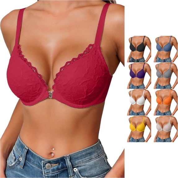 PMVFHDE Thin Cup Gathered Lace Band Steel Ring Front Closure Back Supporting Bra for Daily Leisure Full Coverage Y-Shape Straps Red - 85D