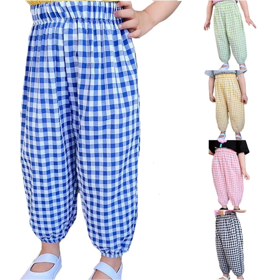 PMVFHDE Toddler Baby Girl Boy Classic Plaid Elastic Jogger Gingham Long Pants Summer Fall Harem Casual Bottoms Blue,18-24 Months