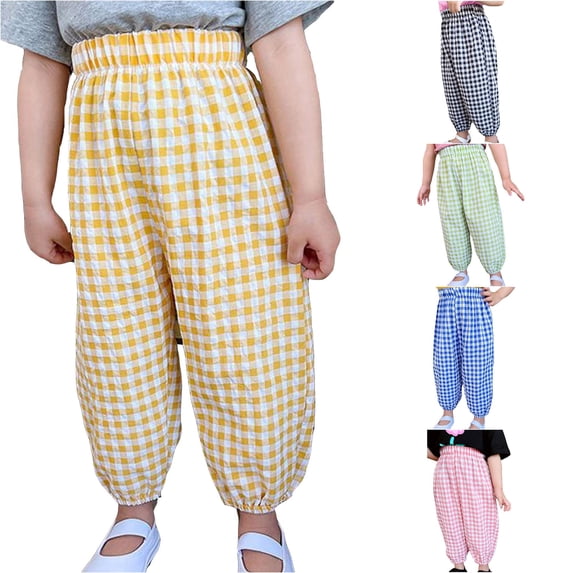 PMVFHDE Toddler Baby Girl Boy Classic Plaid Elastic Jogger Gingham Long Pants Summer Fall Harem Casual Bottoms Yellow,5-6 Years
