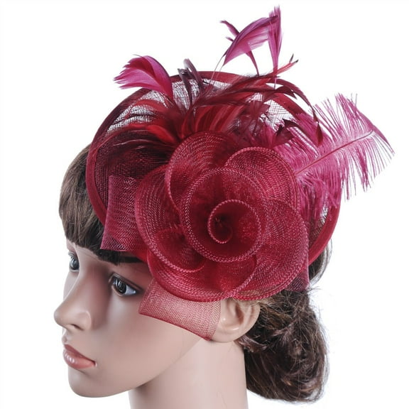 PMVFHDE Top Hat Female Western Banquet Party Headwear Mesh Feather Flower Headwear Hat Red