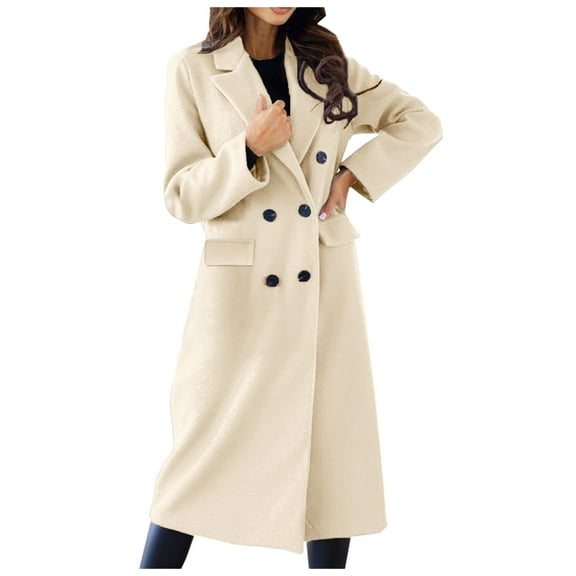 PMVFHDE Trench Coat Women Solid Color Elegant Autumn Winter Minimalist Double- Long Sleeve Notch Lapel Long Coat Beige,S