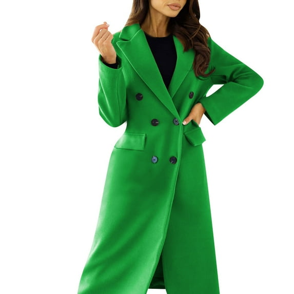 PMVFHDE Trench Coat Women Solid Color Elegant Autumn Winter Minimalist Double-breasted Long Sleeve Notch Lapel Long Coat Green,S