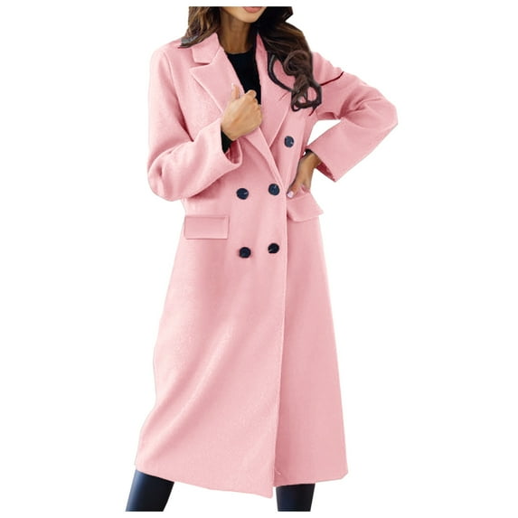 PMVFHDE Trench Coat Women Solid Color Elegant Autumn Winter Minimalist Double- Long Sleeve Notch Lapel Long Coat Pink,XL