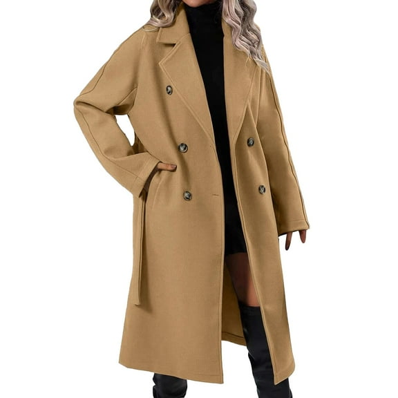PMVFHDE Trench Coat Women Sophisticated Wool Blend Notch Lapel Double Button Belted Long Outer Garment for Formal and Business Beige,M