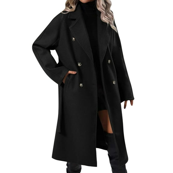PMVFHDE Trench Coat Women Sophisticated Wool Blend Notch Lapel Double Button Belted Long Outer Garment for Formal and Business Black,S