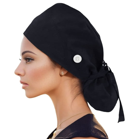 PMVFHDE Unisex Print Polyester Bouffant Scrub Hat for Health care Kitchen Disposable Style Black