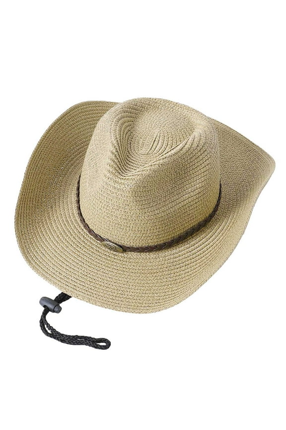 Unisex Solid Ribbon Cowboy Straw Hat Cowboy Hat Cow Head Design Breathable Sunshade For Fashion And Outdoor Beige