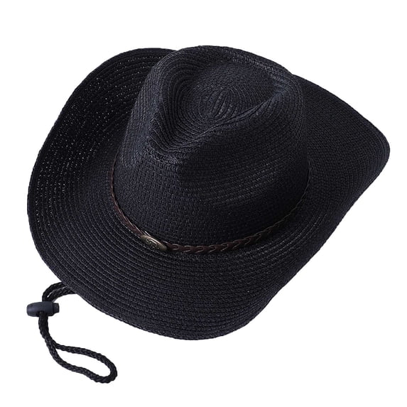 PMVFHDE Unisex Solid Ribbon Cowboy Straw Hat Cowboy Hat Cow Head Design Breathable Sunshade For Fashion And Outdoor Black