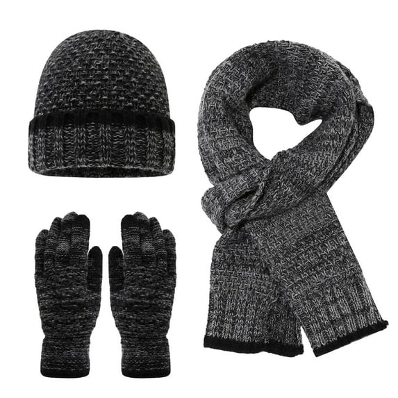 PMVFHDE Unisex Winter Solid Color Versatile Daily Casual Lined Warm Outdoor Knit Hat Scarf Gloves Three-Piece Set for Cold Weather Black