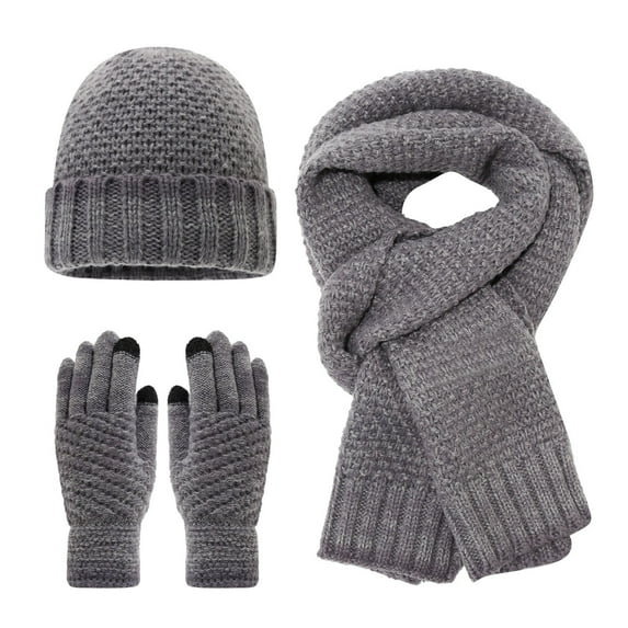 PMVFHDE Unisex Winter Solid Color Versatile Daily Casual Lined Warm Outdoor Knit Hat Scarf Gloves Three-Piece Set for Cold Weather Grey