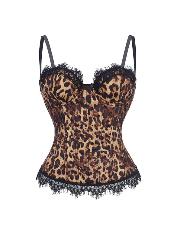 Waist Trainer Corset Leopard Lace Bustier Bodysuit Control Shapewear With Adjustable Straps for Women Everyday Wear