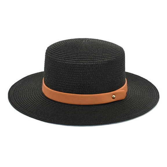 PMVFHDE WeBucket Hat for Men and Women Outdoor Sun Wide Brim Straw Design with Leather Band Black