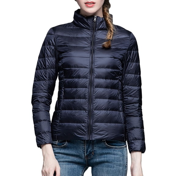 PMVFHDE Winter Coats for Women Solid Color Daily Commute Versatile Full Zip Stand Collar Lightweight Warm Down Jacket Navy,L