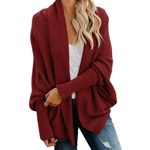 PMVFHDE Winter Fashion Warm Batwing Sleeve Women's Knit Cardigan Sweater Red,One Size