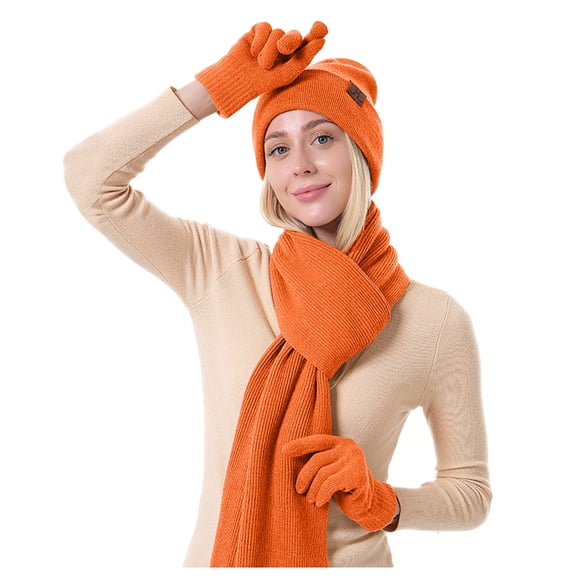 PMVFHDE Winter Knit Hat Gloves Scarf Three-Piece Set Solid Color Thickened Gloves Hat Warm Knit Accessories Set for Cold Weather Outdoor Activities RD1
