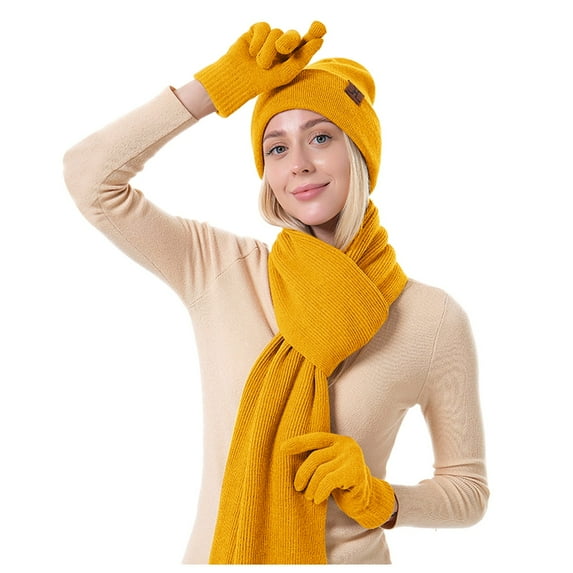 PMVFHDE Winter Knit Hat Gloves Scarf Three-Piece Set Solid Color Thickened Gloves Hat Warm Knit Accessories Set for Cold Weather Outdoor Activities B
