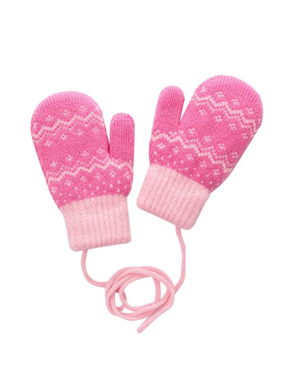 Toddler Lined Mittens, Kids Thick Knit Winter Gloves, AntiâLost Neck String Warm Thermal Cold Weather Mittens, Cute Pattern for Little Girls