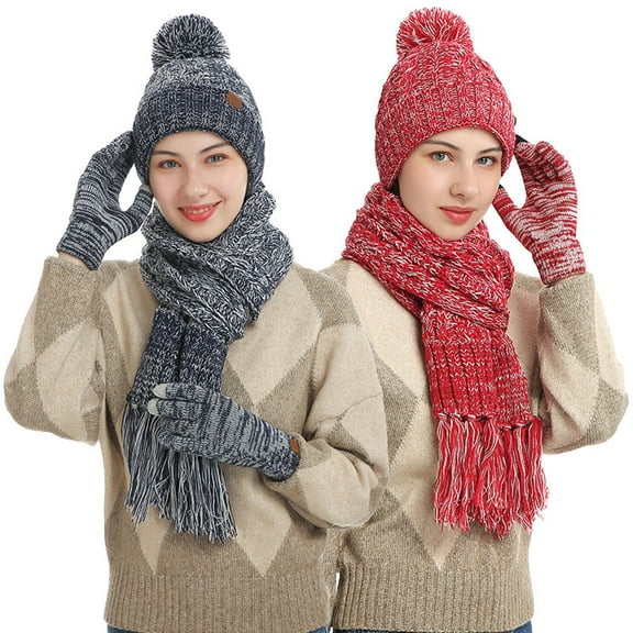 PMVFHDE Winter Solid Color Hat Casual Style Knit Wool Cap Thickened Warm Scarf Touchscreen Gloves Three-Piece Warm Set Red