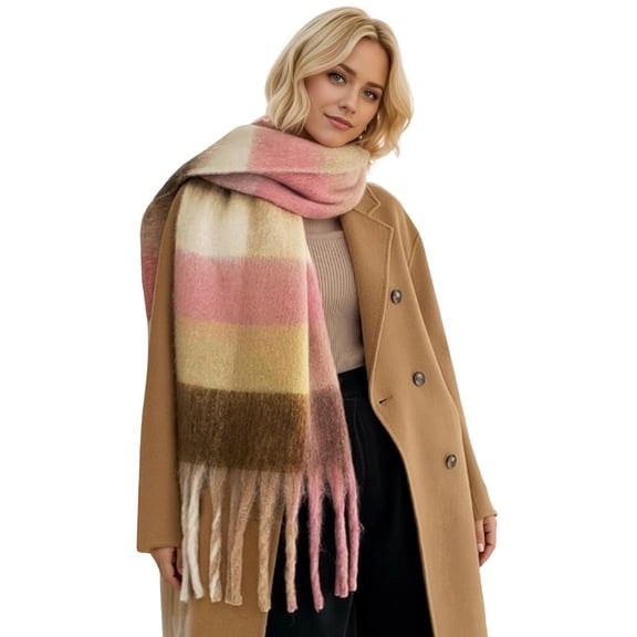PMVFHDE Winter Warm Thick Knitted Scarf Shawl Wrap Fashionable Soft Plaid Neck Warmer for Women and Men Pink