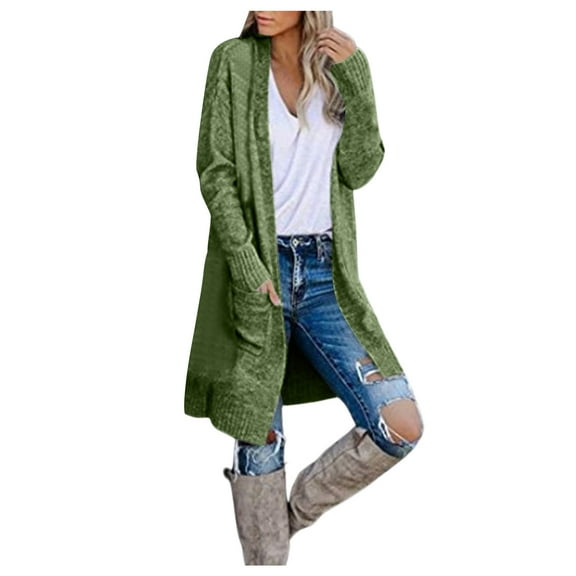 PMVFHDE Winter Women's Pocket Cardigan Fashion Knit Loose Long Length Knit Sweater Coat Green,L