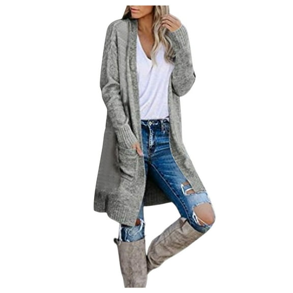 PMVFHDE Winter Women's Pocket Cardigan Fashion Knit Loose Long Length Knit Sweater Coat Grey,S