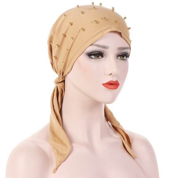 PMVFHDE Women Beaded Solid Color Turban Style Cap Headwrap Stretchy Decorative Liner Khaki
